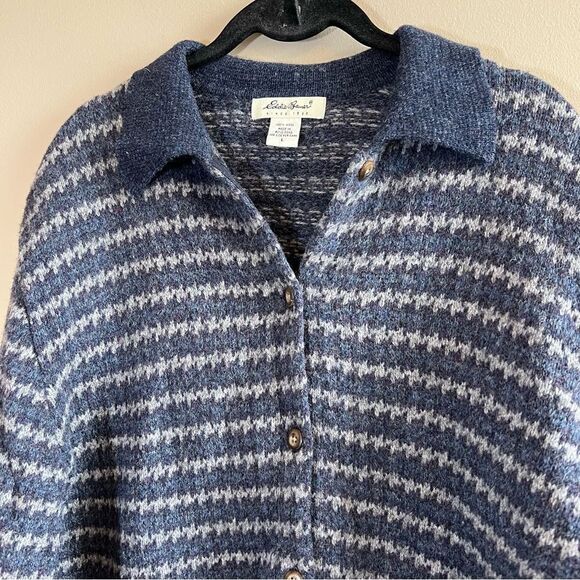 ✨ Eddie Bauer Women’s 100% Wool Blue Gray Striped Cardigan Large - Picture 2 of 10